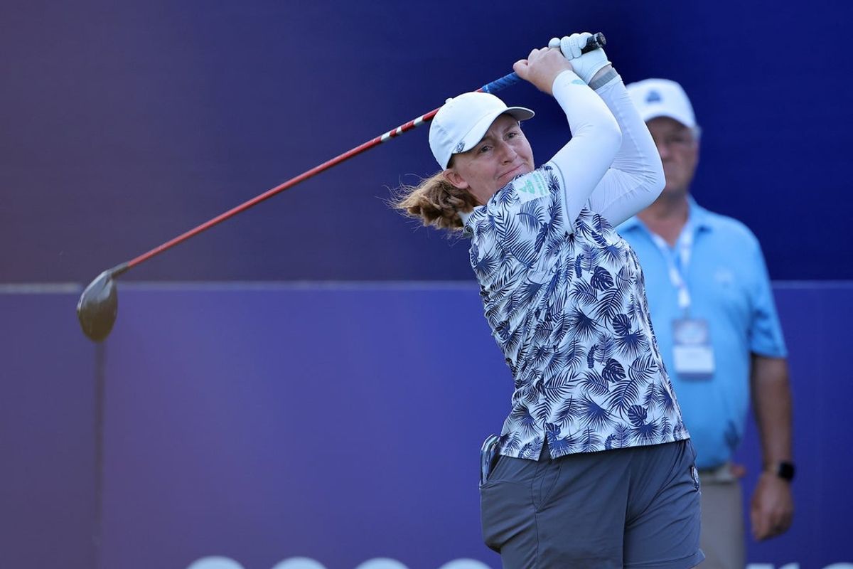 Apr 23, 2026; Houston, Texas, United States; Gemma Dryburgh of Scotland hits a tee shot on the first hole during the first round of The Chevron Championship golf tournament. Mandatory Credit: Erik Williams-Imagn Images