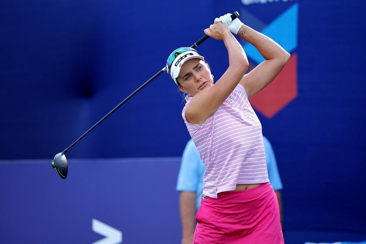 Apr 23, 2026; Houston, Texas, United States; Lexi Thompson hits a tee shot on the first hole during the first round of The Chevron Championship golf tournament. Mandatory Credit: Erik Williams-Imagn Images