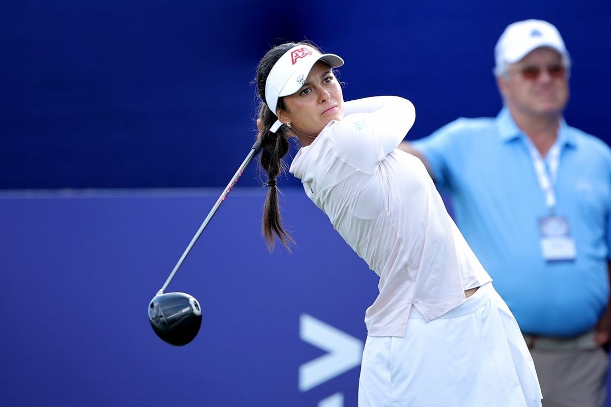 Apr 23, 2026; Houston, Texas, United States; Yana Wilson hits a tee shot on the first hole during the first round of The Chevron Championship golf tournament. Mandatory Credit: Erik Williams-Imagn Images