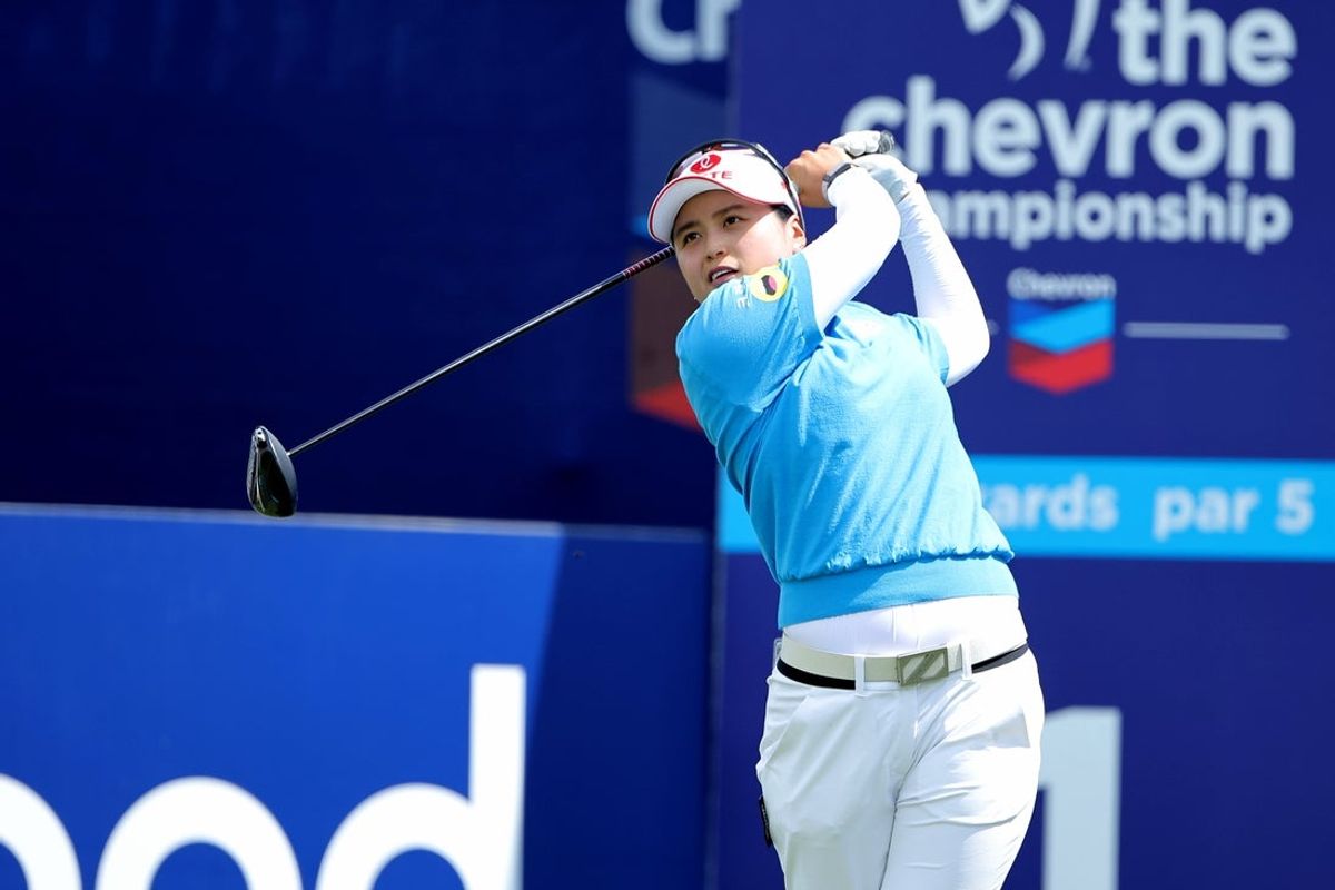 Apr 23, 2026; Houston, Texas, United States; Hye-Jin Choi of Korea hits a tee shot on the first hole during the first round of The Chevron Championship golf tournament. Mandatory Credit: Erik Williams-Imagn Images