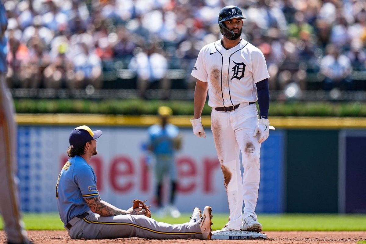 Detroit Tigers left fielder Riley Greene (31) reacts after he was out on second base against Milwaukee Brewers second baseman Brice Turang (2) during the fourth inning at Comerica Park in Detroit on Thursday, April 23, 2026.