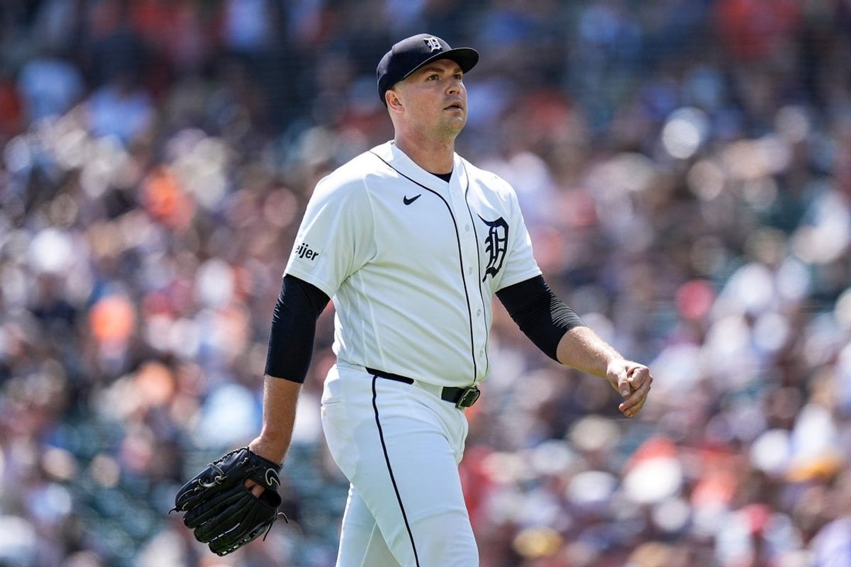 Detroit Tigers pitcher Tarik Skubal (29) walks off the field for pitching change during the seventh inning against Milwaukee Brewers at Comerica Park in Detroit on Thursday, April 23, 2026.