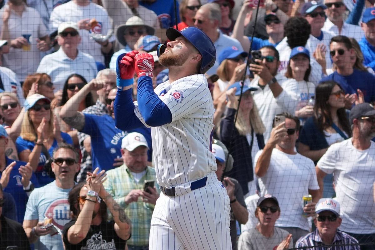 Apr 23, 2026; Chicago, Illinois, USA; Chicago Cubs first baseman Michael Busch (29) gestures after hitting a three run home run against the Philadelphia Phillies during the third inning at Wrigley Field. Mandatory Credit: David Banks-Imagn Images