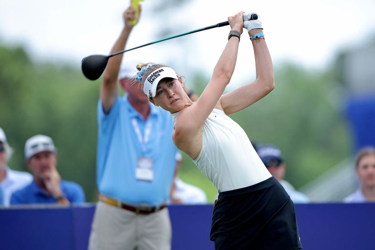 Apr 23, 2026; Houston, Texas, United States; Nelly Korda hits a tee shot on the 10th hole during the first round of The Chevron Championship golf tournament. Mandatory Credit: Erik Williams-Imagn Images