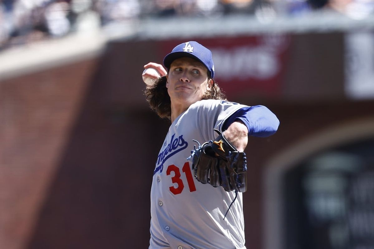 Apr 23, 2026; San Francisco, California, USA; Los Angeles Dodgers starting pitcher Tyler Glasnow (31) pitches the ball against the San Francisco Giants during the sixth inning at Oracle Park. Mandatory Credit: Kelley L Cox-Imagn Images