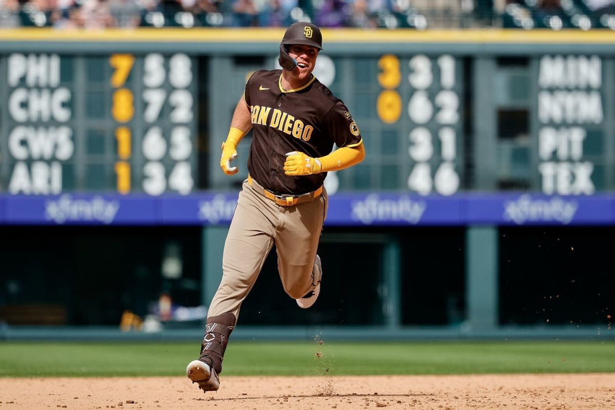 Apr 23, 2026; Denver, Colorado, USA; San Diego Padres first baseman Gavin Sheets (30) rounds the bases on a three run home run in the ninth inning against the Colorado Rockies at Coors Field. Mandatory Credit: Isaiah J. Downing-Imagn Images