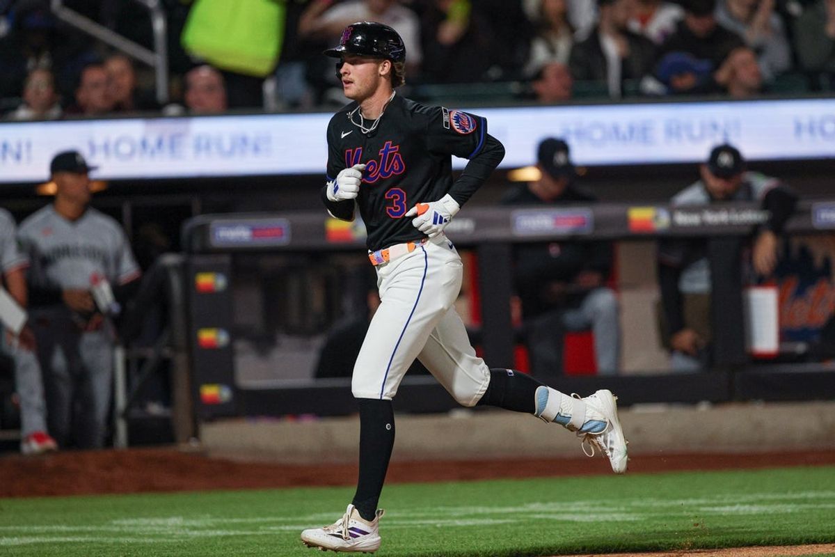 Apr 23, 2026; New York City, New York, USA;  New York Mets outfielder Carson Benge (3) runs the bases after hitting a solo home run during the fourth inning against the Minnesota Twins at Citi Field. Mandatory Credit: Vincent Carchietta-Imagn Images