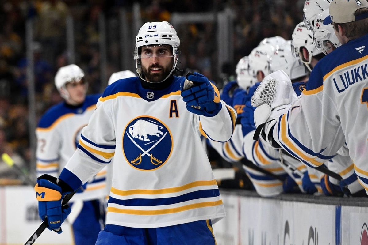 Apr 23, 2026; Boston, Massachusetts, USA; Buffalo Sabres right wing Alex Tuch (89) reacts after scoring a goal against the Boston Bruins during the third period of game three of the first round of the 2026 Stanley Cup Playoffs at the TD Garden. Mandatory Credit: Brian Fluharty-Imagn Images