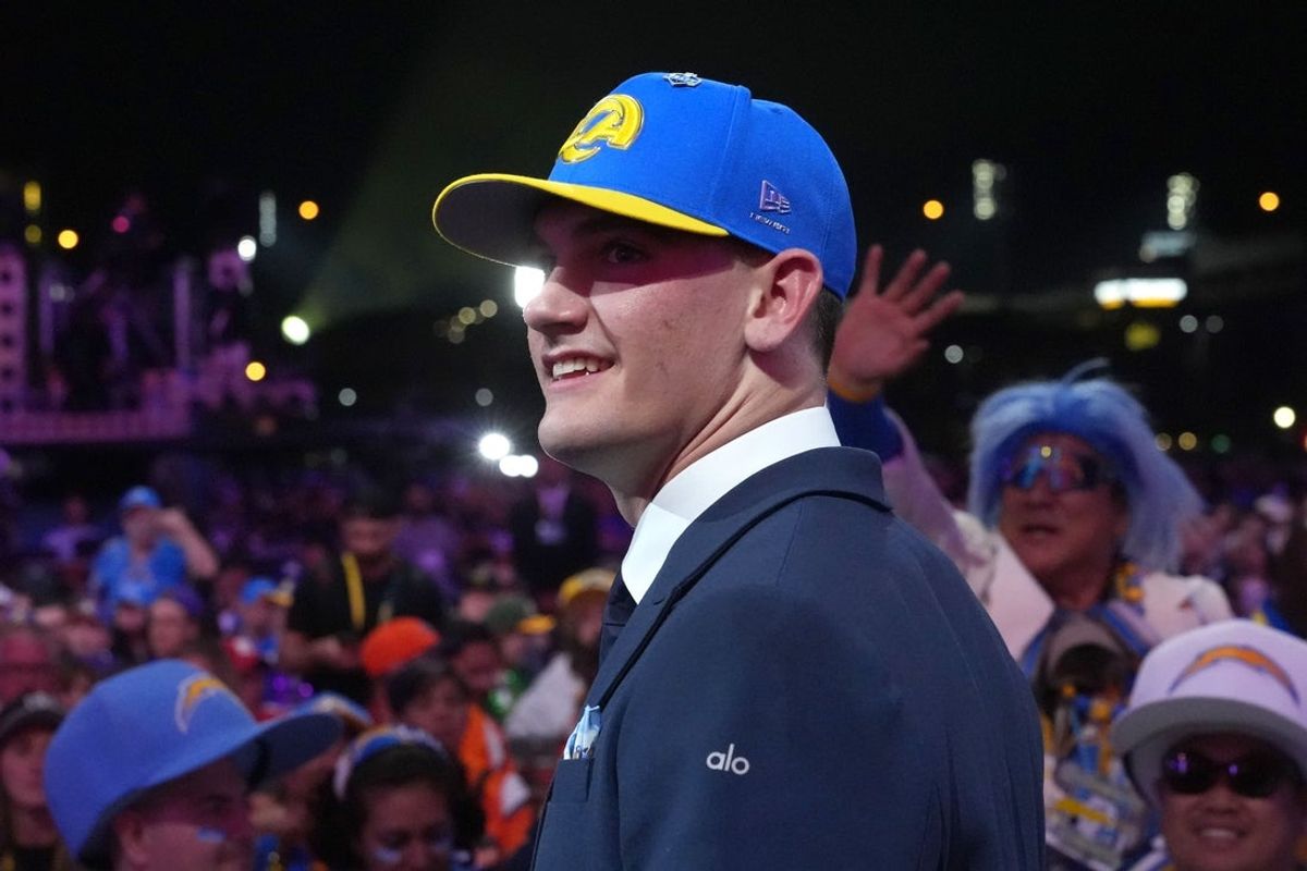 Apr 23, 2026; Pittsburgh, PA, USA; Alabama Crimson Tide quarterback Ty Simpson is selected by the Los Angeles Rams as the number 13 pick during the 2026 NFL Draft at Acrisure Stadium. Mandatory Credit: Kirby Lee-Imagn Images