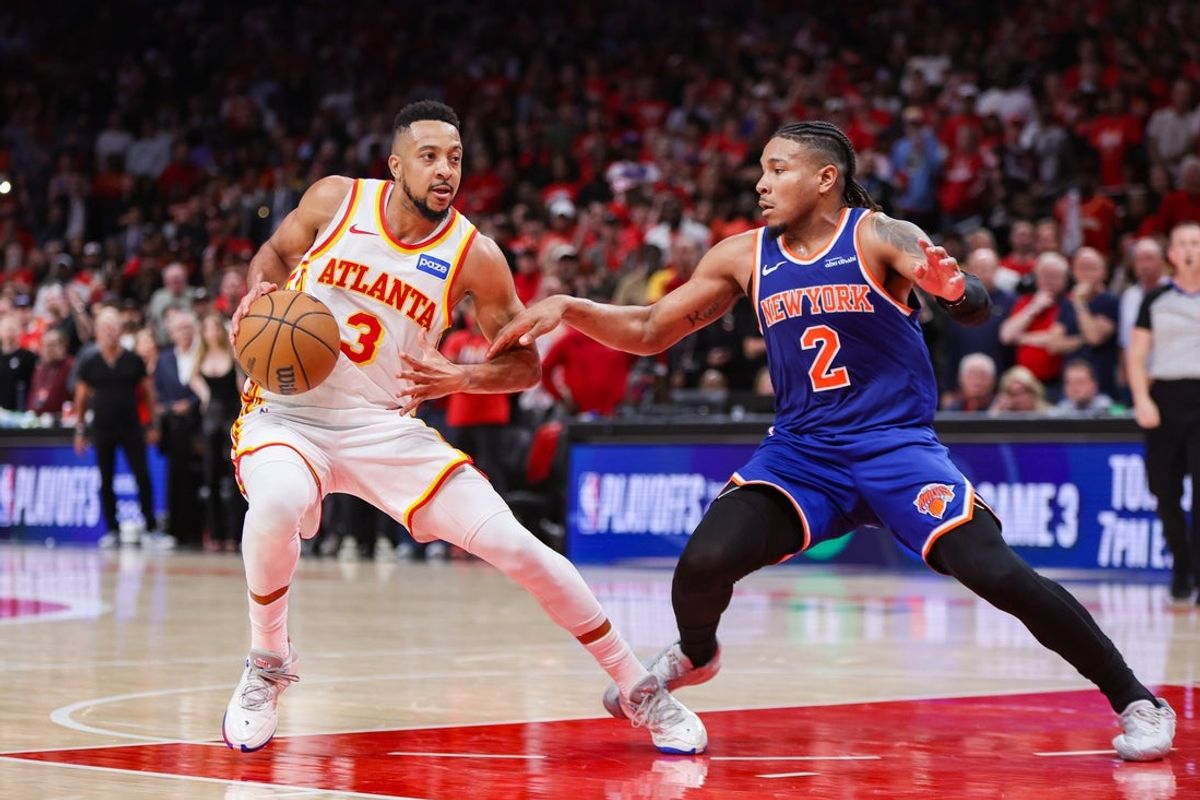 Apr 23, 2026; Atlanta, Georgia, USA; Atlanta Hawks guard CJ McCollum (3) steps back on New York Knicks guard Miles McBride (2) in the fourth quarter during game three of the first round of the 2026 NBA Playoffs at State Farm Arena. Mandatory Credit: Brett Davis-Imagn Images