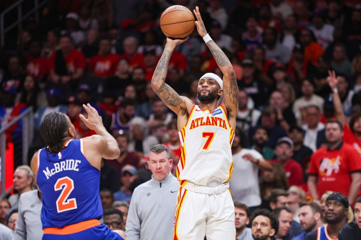 Apr 23, 2026; Atlanta, Georgia, USA; Atlanta Hawks guard Nickeil Alexander-Walker (7) shoots against the New York Knicks in the third quarter during game three of the first round of the 2026 NBA Playoffs at State Farm Arena. Mandatory Credit: Brett Davis-Imagn Images