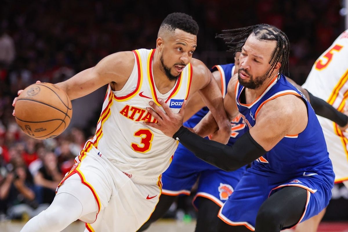 Apr 23, 2026; Atlanta, Georgia, USA; Atlanta Hawks guard CJ McCollum (3) drives on New York Knicks guard Jalen Brunson (11) in the fourth quarter during game three of the first round of the 2026 NBA Playoffs at State Farm Arena. Mandatory Credit: Brett Davis-Imagn Images