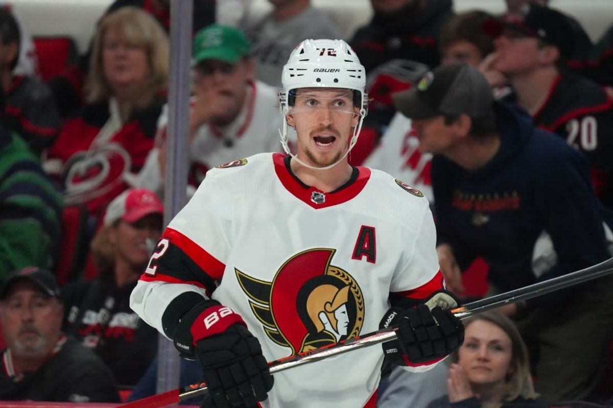 Oct 11, 2023; Raleigh, North Carolina, USA;  Ottawa Senators defenseman Thomas Chabot (72) reacts against the Carolina Hurricanes during the second period at PNC Arena.
