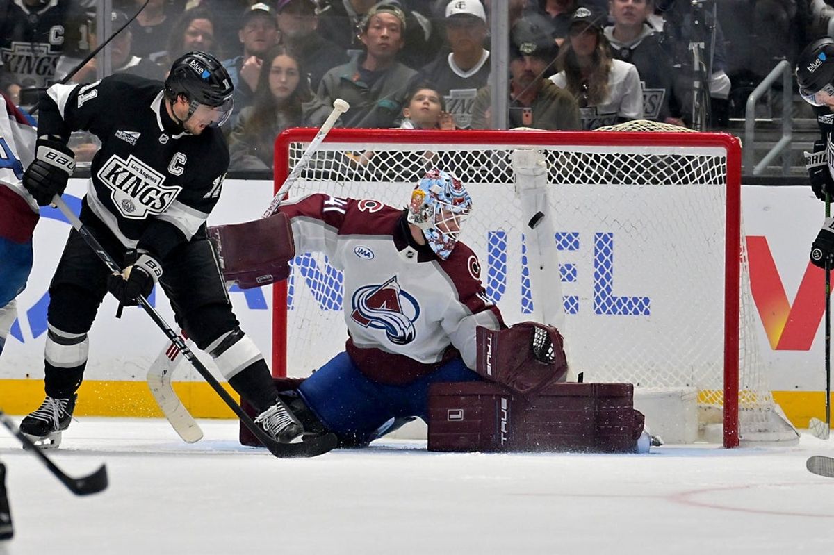 Apr 23, 2026; Los Angeles, California, USA; Los Angeles Kings center Anze Kopitar (11) looks on as the puck gets past Colorado Avalanche goaltender Scott Wedgewood (41) for a goal by Los Angeles Kings right wing Adrian Kempe (9) during the third period of game three of the first round of the 2026 Stanley Cup Playoffs at Crypto.com Arena. Mandatory Credit: Jayne Kamin-Oncea-Imagn Images