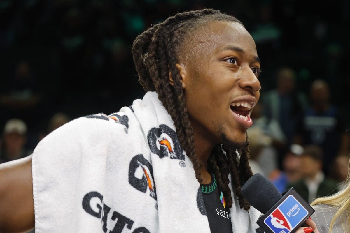 Apr 23, 2026; Minneapolis, Minnesota, USA; Minnesota Timberwolves guard Ayo Dosunmu (13) talks with a reporter after the game with the Denver Nuggets at Target Center. Mandatory Credit: Bruce Kluckhohn-Imagn Images