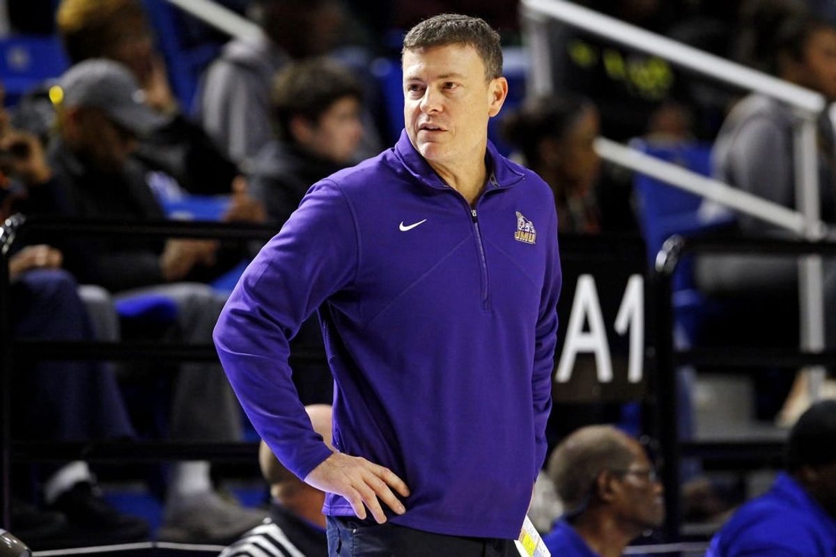 Dec 16, 2023; Hampton, Virginia, USA; James Madison Dukes head coach Mark Byington looks on during the second half of the game against the Hampton Pirates at Hampton Convocation Center.
