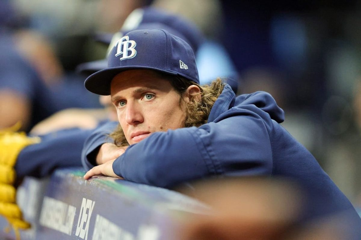 Sep 7, 2023; St. Petersburg, Florida, USA;  Tampa Bay Rays starting pitcher Tyler Glasnow (20) looks on from the dugout against the Seattle Mariners in the fifth inning at Tropicana Field.