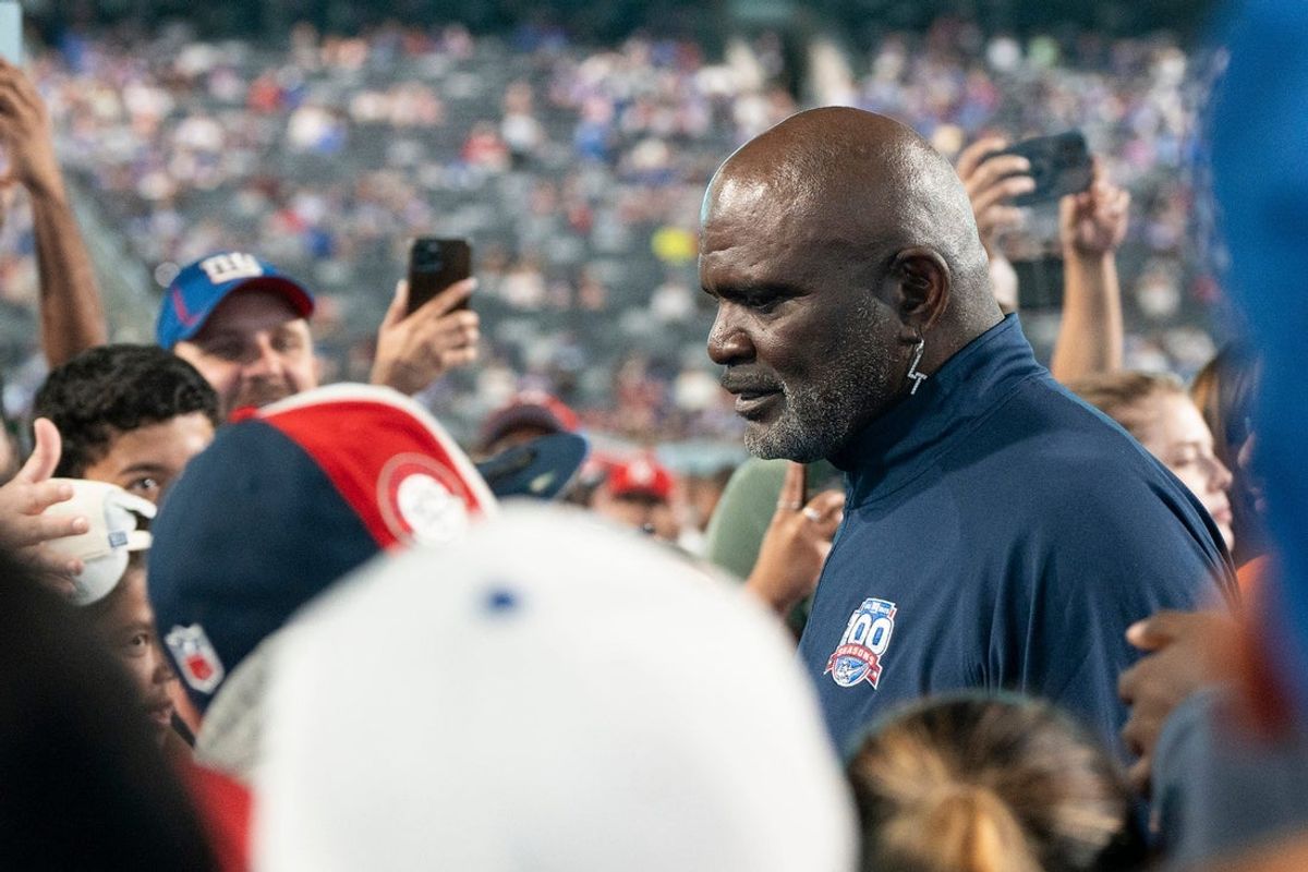 Lawrence Taylor is surrounded by fans Giants during Fan Fest at MetLife Stadium to celebrate 100 Seasons of the New York Giants, Friday, Sept. 6, 2024.