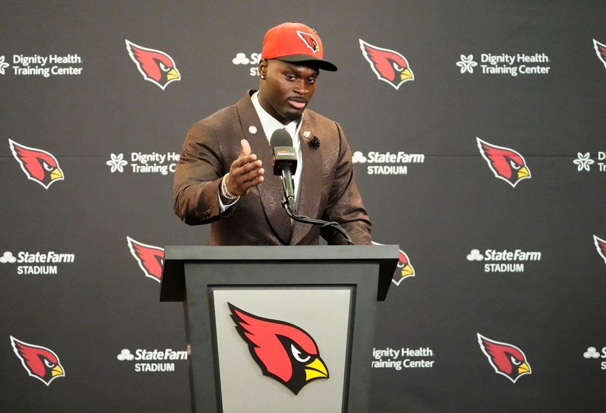 The Arizona Cardinals introduce their first-round draft pick running back Jeremiyah Love during a news conference at the Cardinals Dignity Health training facility on April 24, 2026, in Tempe, Ariz.