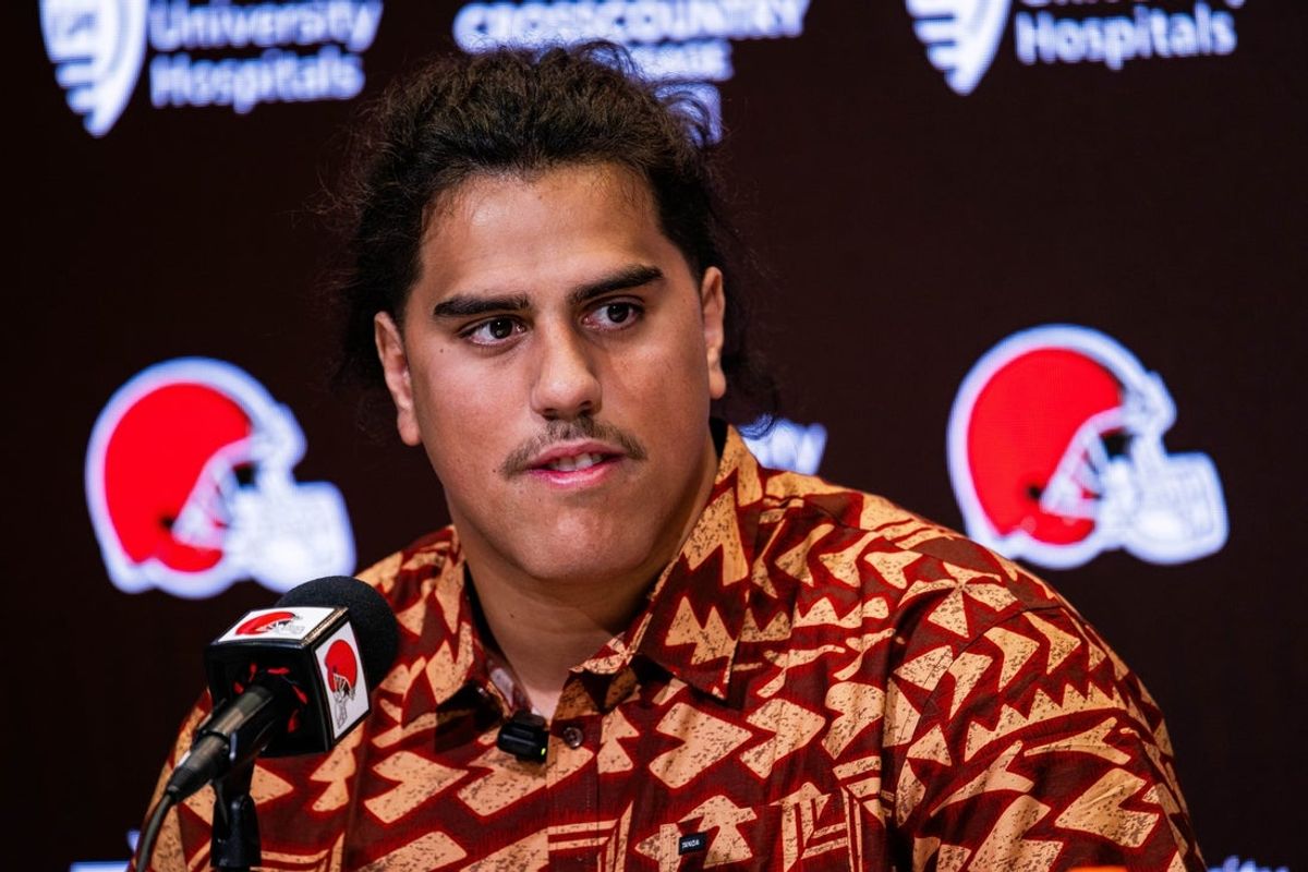 Apr 24, 2026; Berea, OH, USA; Cleveland Browns first round draft pick Spencer Fano talks to the media during an introductory press conference at CrossCountry Mortgage Campus. Mandatory Credit: Ken Blaze-Imagn Images