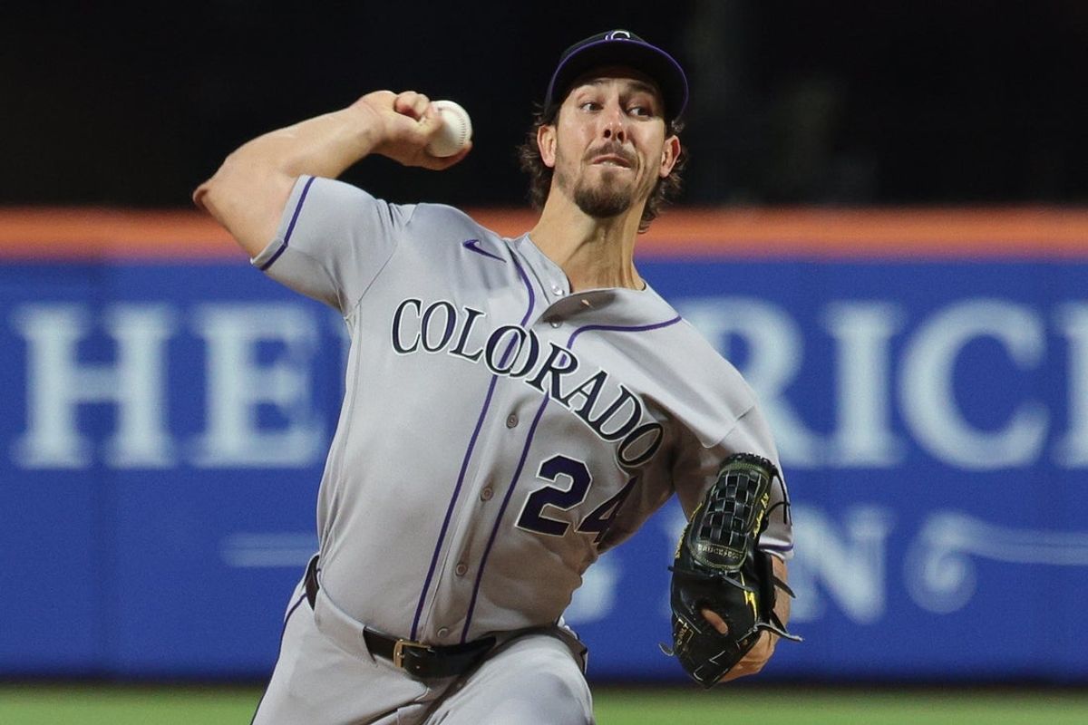 Apr 24, 2026; New York City, New York, USA;  Colorado Rockies pitcher Michael Lorenzen (24) delivers a pitch during the third inning against the New York Mets at Citi Field. Mandatory Credit: Vincent Carchietta-Imagn Images