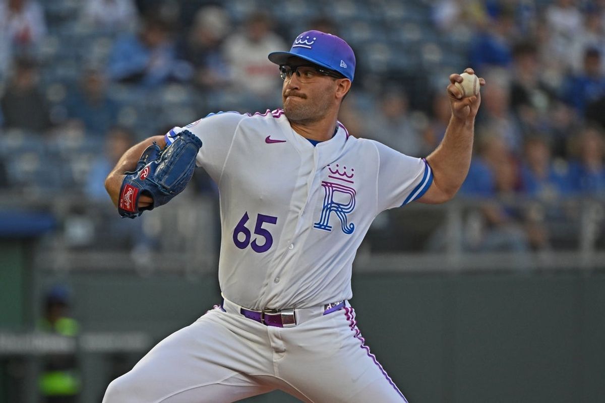 Apr 24, 2026; Kansas City, Missouri, USA;  Kansas City Royals starting pitcher Noah Cameron (65) throws a pitch in the first inning against the Los Angeles Angels at Kauffman Stadium. Mandatory Credit: Peter Aiken-Imagn Images