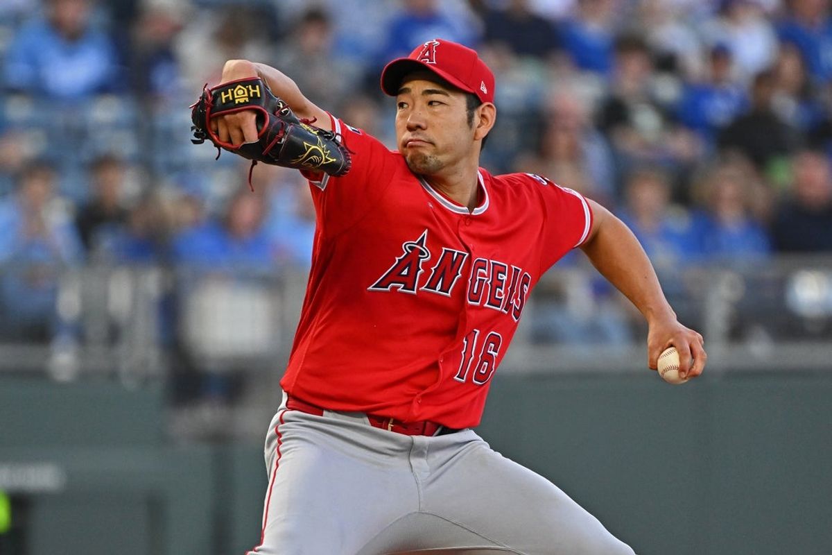 Apr 24, 2026; Kansas City, Missouri, USA;  Los Angeles Angels starting pitcher Yusei Kikuchi (16) throws a pitch in the first inning against the Kansas City Royals at Kauffman Stadium. Mandatory Credit: Peter Aiken-Imagn Images