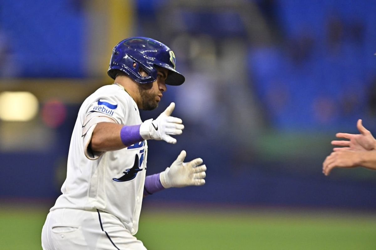 Apr 24, 2026; St. Petersburg, Florida, USA; Tampa Bay Rays infielder Jonathan Aranda (8) celebrates a home run during the fourth inning against Minnesota Twins at Tropicana Field. Mandatory Credit: Pablo Robles-Imagn Images