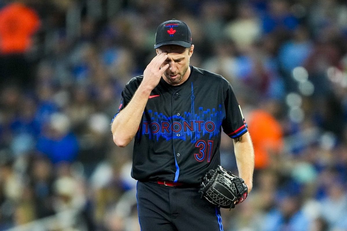 Apr 24, 2026; Toronto, Ontario, CAN; Toronto Blue Jays pitcher Max Scherzer (31) touches his head during the first inning against the Cleveland Guardians at Rogers Centre. Mandatory Credit: Kevin Sousa-Imagn Images