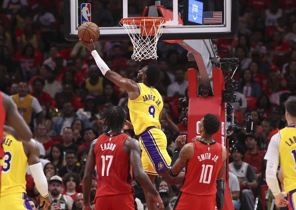 Apr 24, 2026; Houston, Texas, USA; Los Angeles Lakers guard Bronny James (9) scores a basket during the second quarter against the Houston Rockets during game three of the first round of the 2026 NBA Playoffs at Toyota Center. Mandatory Credit: Troy Taormina-Imagn Images