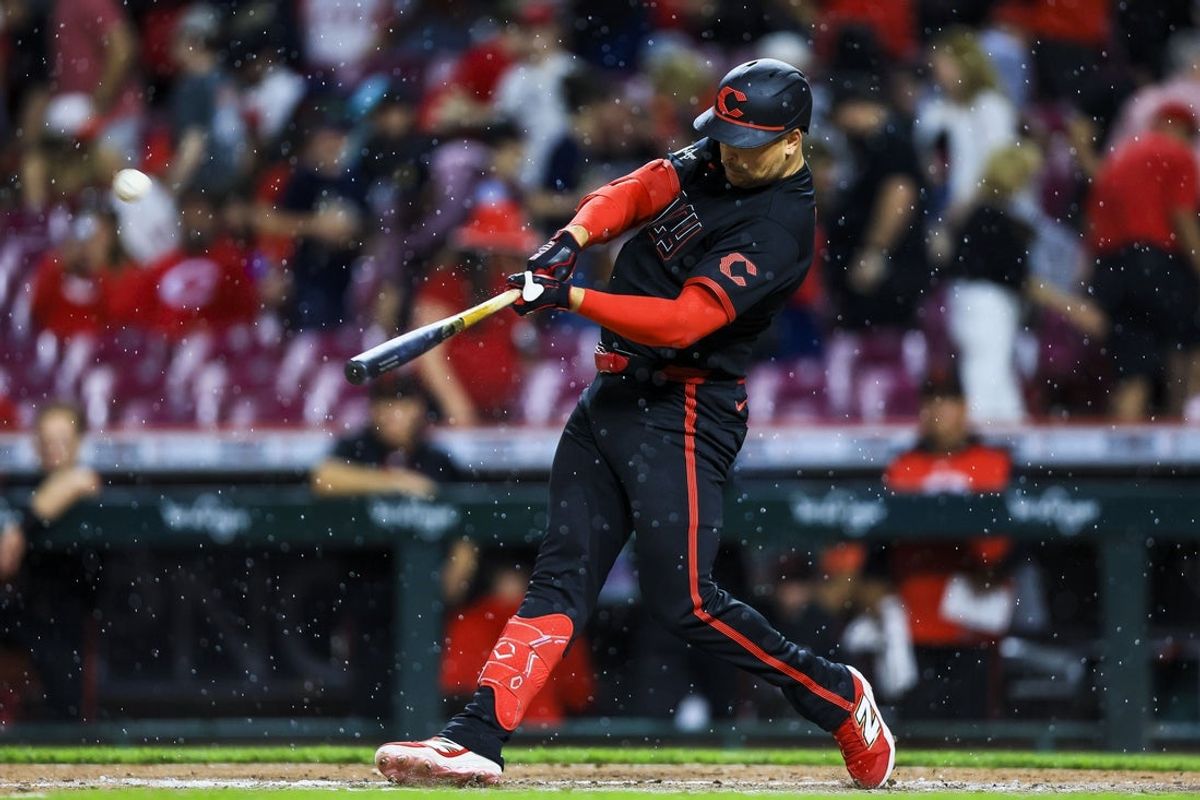 Apr 24, 2026; Cincinnati, Ohio, USA; Cincinnati Reds designated hitter Nathaniel Lowe (31) hits a solo home run in the sixth inning against the Detroit Tigers at Great American Ball Park. Mandatory Credit: Katie Stratman-Imagn Images