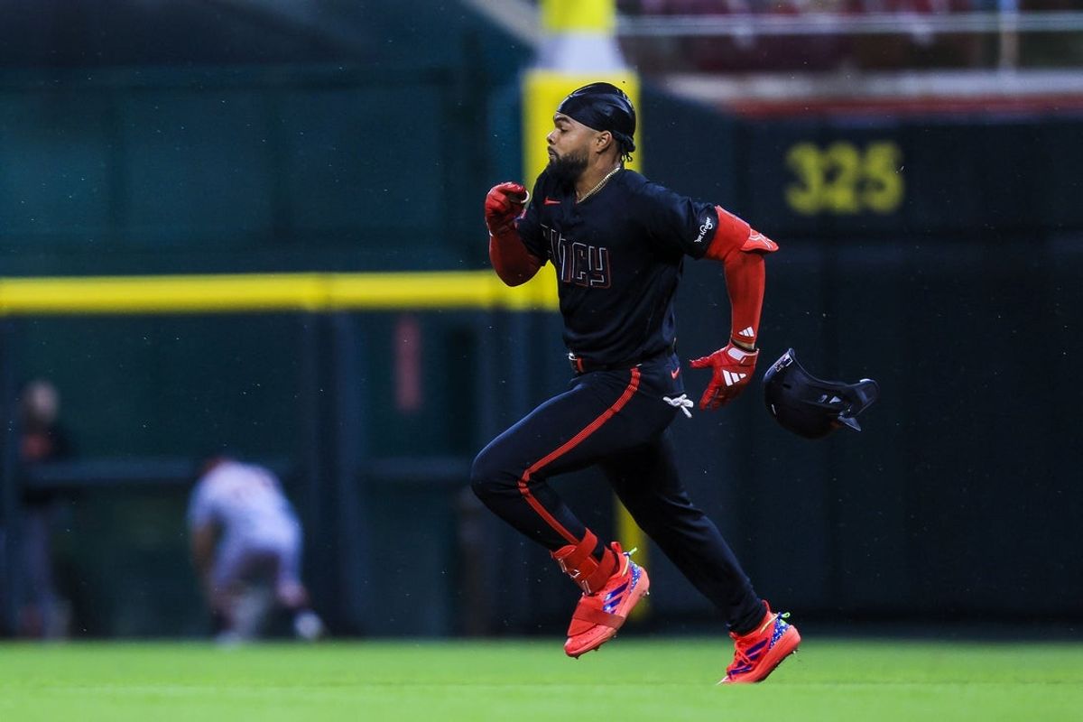 Apr 24, 2026; Cincinnati, Ohio, USA; Cincinnati Reds outfielder Rece Hinds (57) runs to second after hitting a double in the sixth inning against the Detroit Tigers at Great American Ball Park. Mandatory Credit: Katie Stratman-Imagn Images