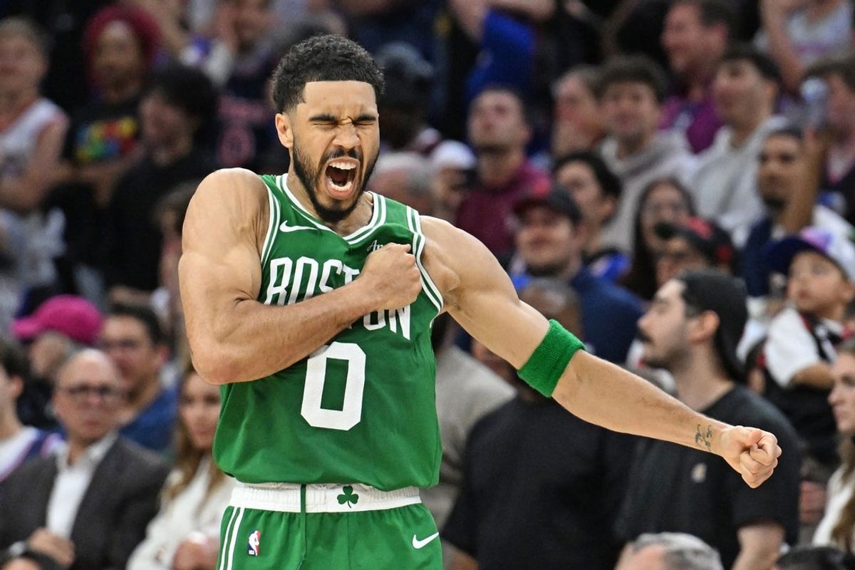 Apr 24, 2026; Philadelphia, Pennsylvania, USA; Boston Celtics forward Jayson Tatum (0) celebrates his three point basket against the Philadelphia 76ers late in the fourth quarter at Xfinity Mobile Arena. Mandatory Credit: Eric Hartline-Imagn Images