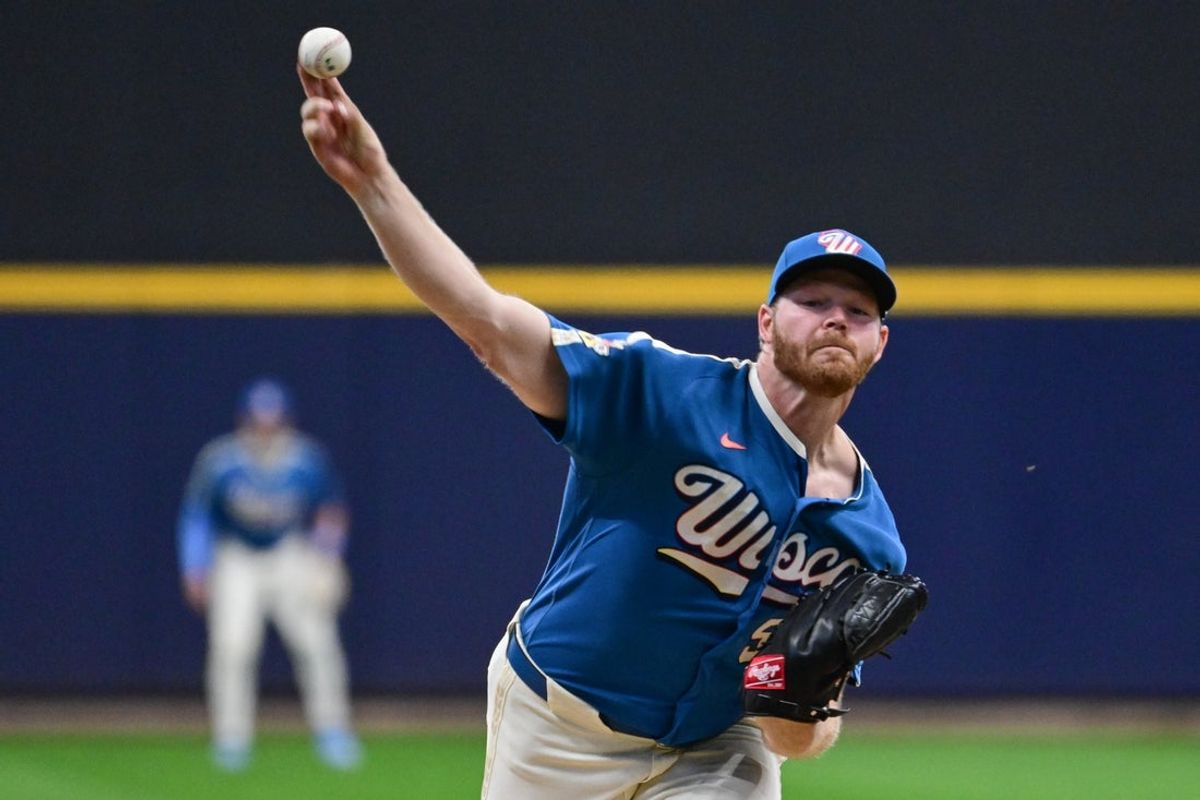 Apr 24, 2026; Milwaukee, Wisconsin, USA;  Milwaukee Brewers starting pitcher Brandon Woodruff (53) throws a pitch in the first inning against the Pittsburgh Pirates at American Family Field. Mandatory Credit: Benny Sieu-Imagn Images