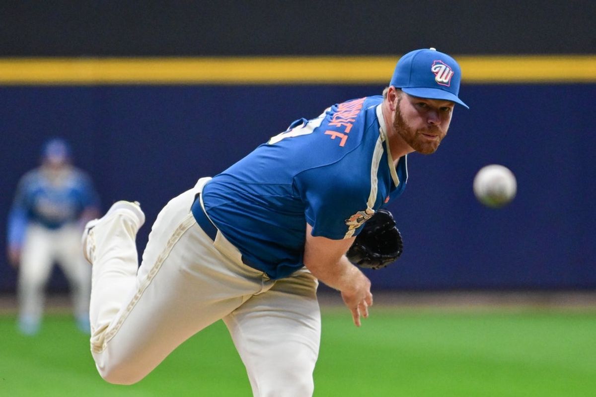 Apr 24, 2026; Milwaukee, Wisconsin, USA;  Milwaukee Brewers starting pitcher Brandon Woodruff (53) throws a pitch in the first inning against the Pittsburgh Pirates at American Family Field. Mandatory Credit: Benny Sieu-Imagn Images