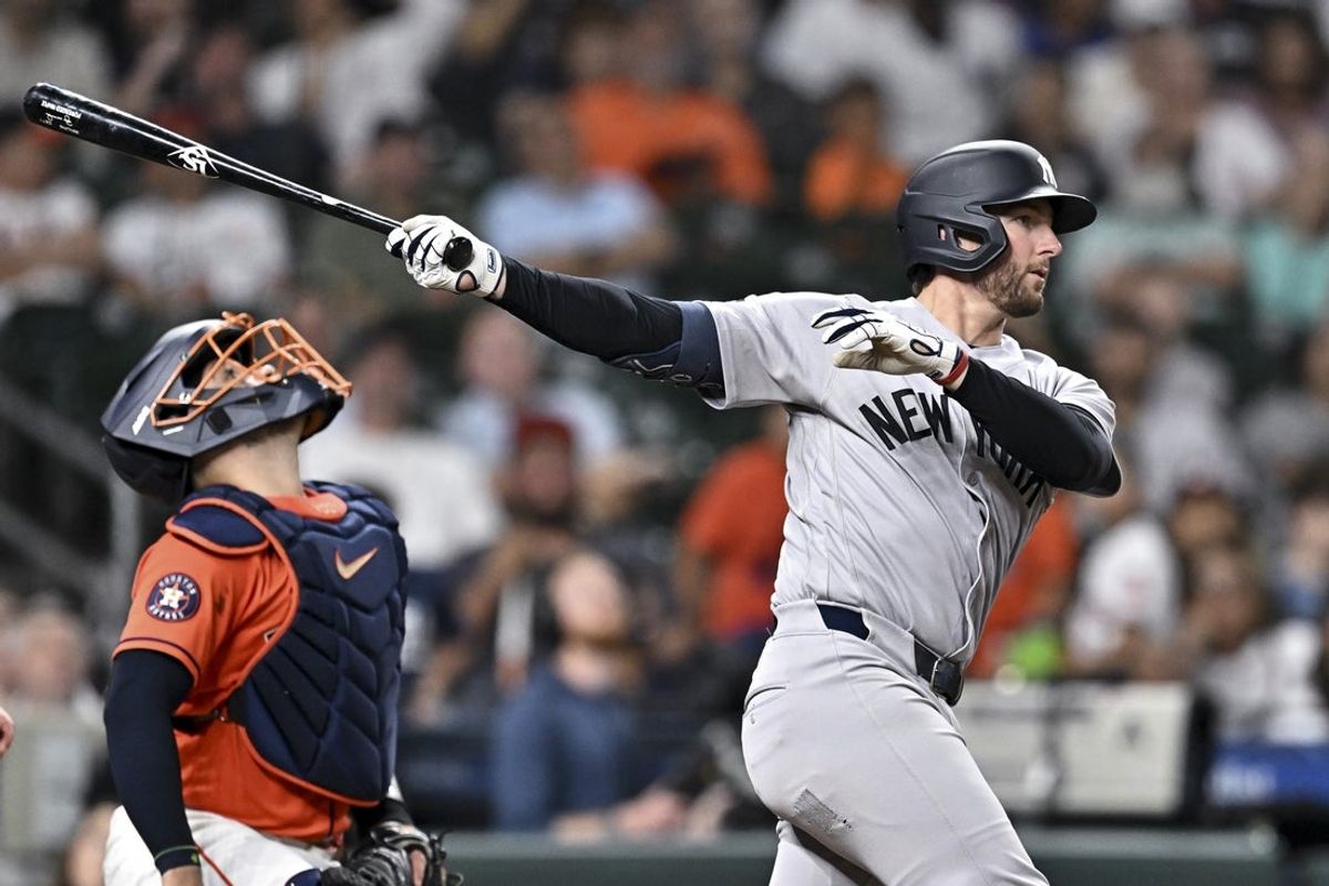 Apr 24, 2026; Houston, Texas, USA; New York Yankees designated hitter Giancarlo Stanton (27) at bat during the in the eighth inning against the Houston Astros at Daikin Park. Mandatory Credit: Maria Lysaker-Imagn Images