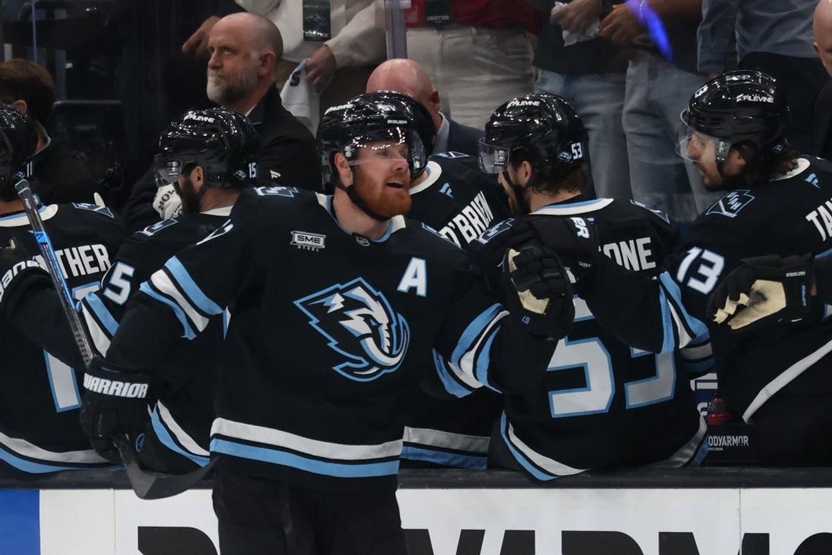 Apr 24, 2026; Salt Lake City, Utah, USA; Utah Mammoth left wing Lawson Crouse (67) celebrates with teammates after scoring a goal against the Vegas Golden Knights during the second period in game three of the first round of the 2026 Stanley Cup Playoffs at Delta Center. Mandatory Credit: Rob Gray-Imagn Images