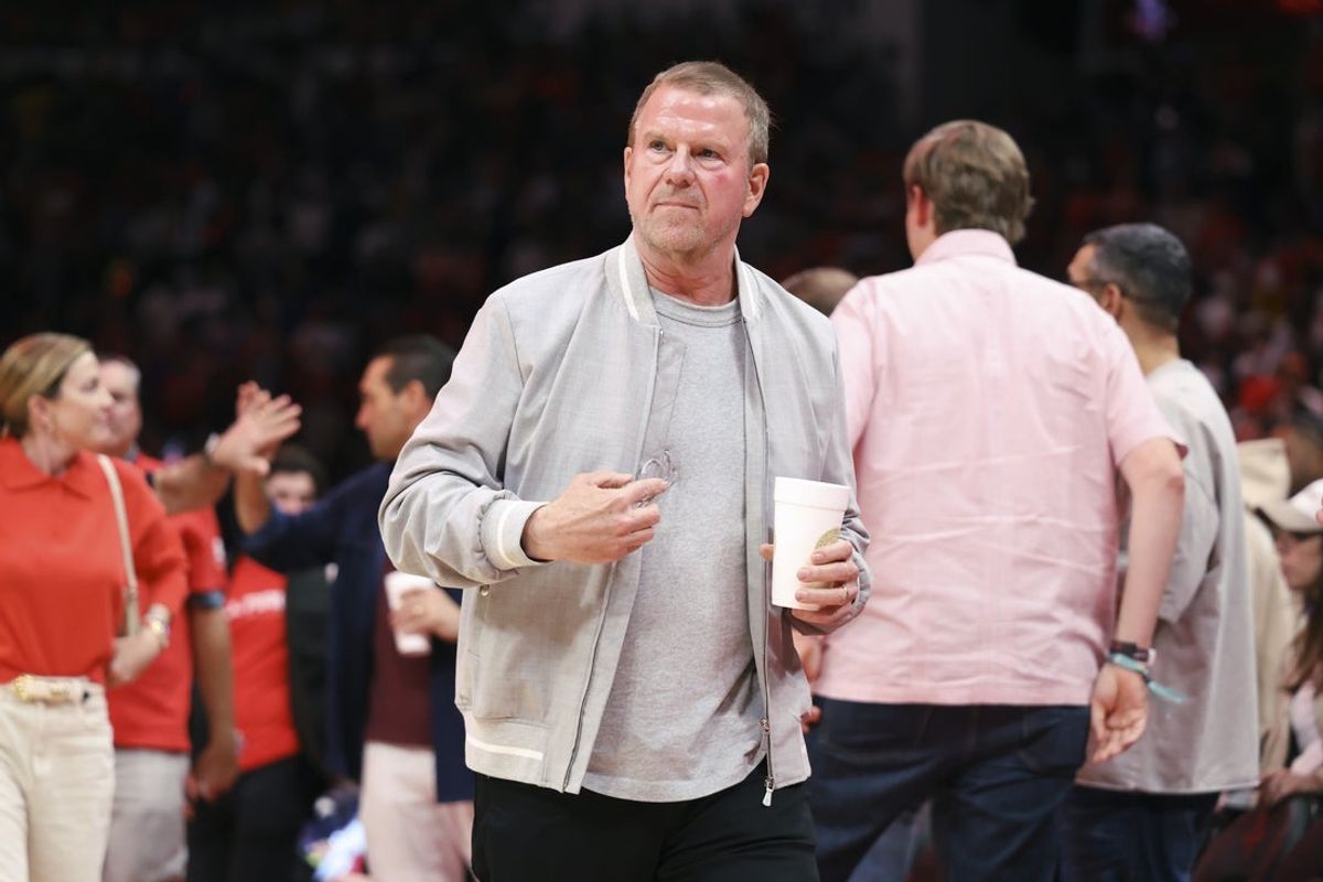 Apr 24, 2026; Houston, Texas, USA; Houston Rockets owner Tilman Fertitta walks on the court during the fourth quarter against the Los Angeles Lakers during game three of the first round of the 2026 NBA Playoffs at Toyota Center. Mandatory Credit: Troy Taormina-Imagn Images