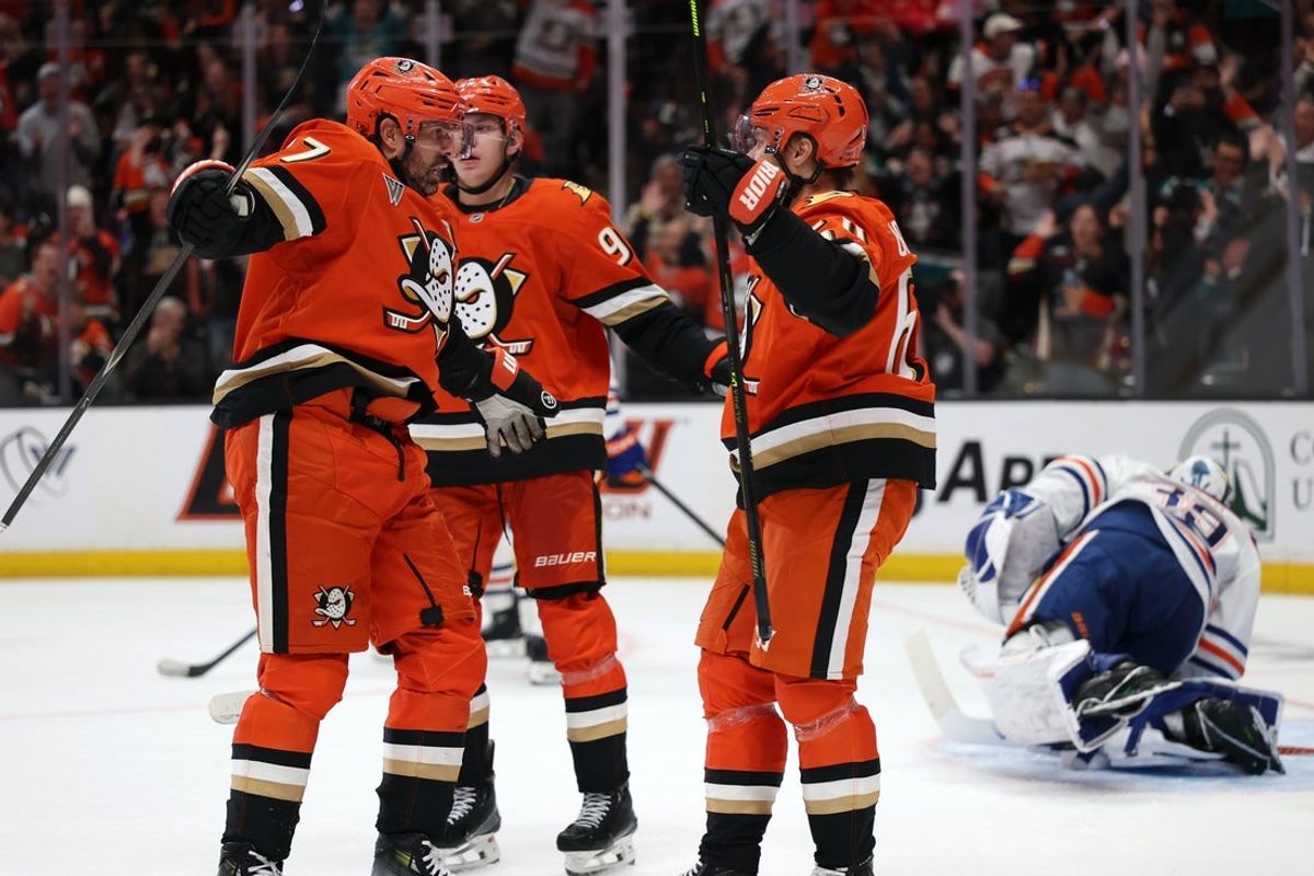 Apr 24, 2026; Anaheim, California, USA;  Anaheim Ducks left wing Alex Killorn (left) celebrates with center Mikael Granlund (right) after scoring a goal during the second period against the Edmonton Oilers in game three of the first round of the 2026 Stanley Cup Playoffs at Honda Center. Mandatory Credit: Kiyoshi Mio-Imagn Images