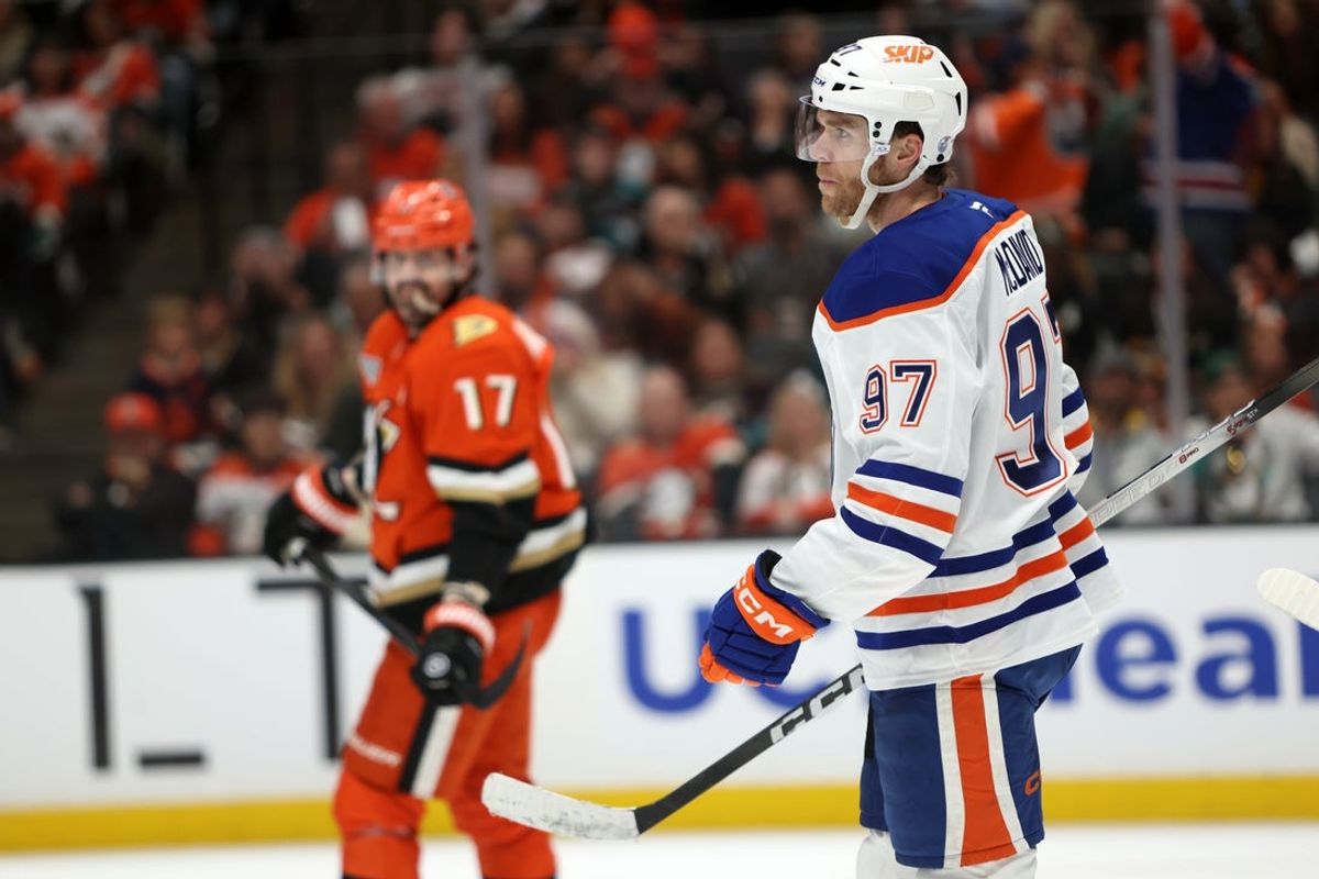 Apr 24, 2026; Anaheim, California, USA;  Edmonton Oilers center Connor McDavid (97) looks on after scoring a a power play goal during the third period against the Anaheim Ducks in game three of the first round of the 2026 Stanley Cup Playoffs at Honda Center. Mandatory Credit: Kiyoshi Mio-Imagn Images