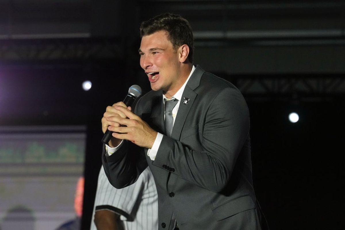 Apr 24, 2026; Henderson, NV, USA; Las Vegas Raiders quarterback Fernando Mendoza at the Festival of Football at the Intermountain Health Performance Center. Mandatory Credit: Kirby Lee-Imagn Images