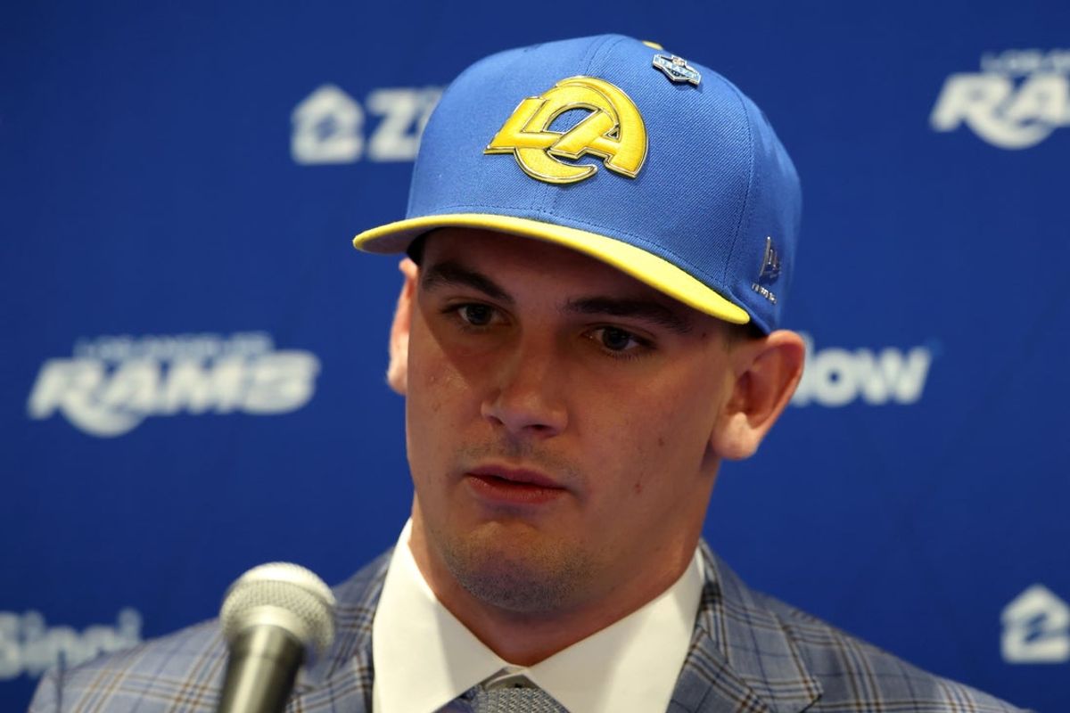 Apr 24, 2026; Inglewood, CA, USA;  Los Angeles Rams first-round draft pick Ty Simpson speaks to media during a press conference at Code Next at Hollywood Park. Mandatory Credit: Kiyoshi Mio-Imagn Images