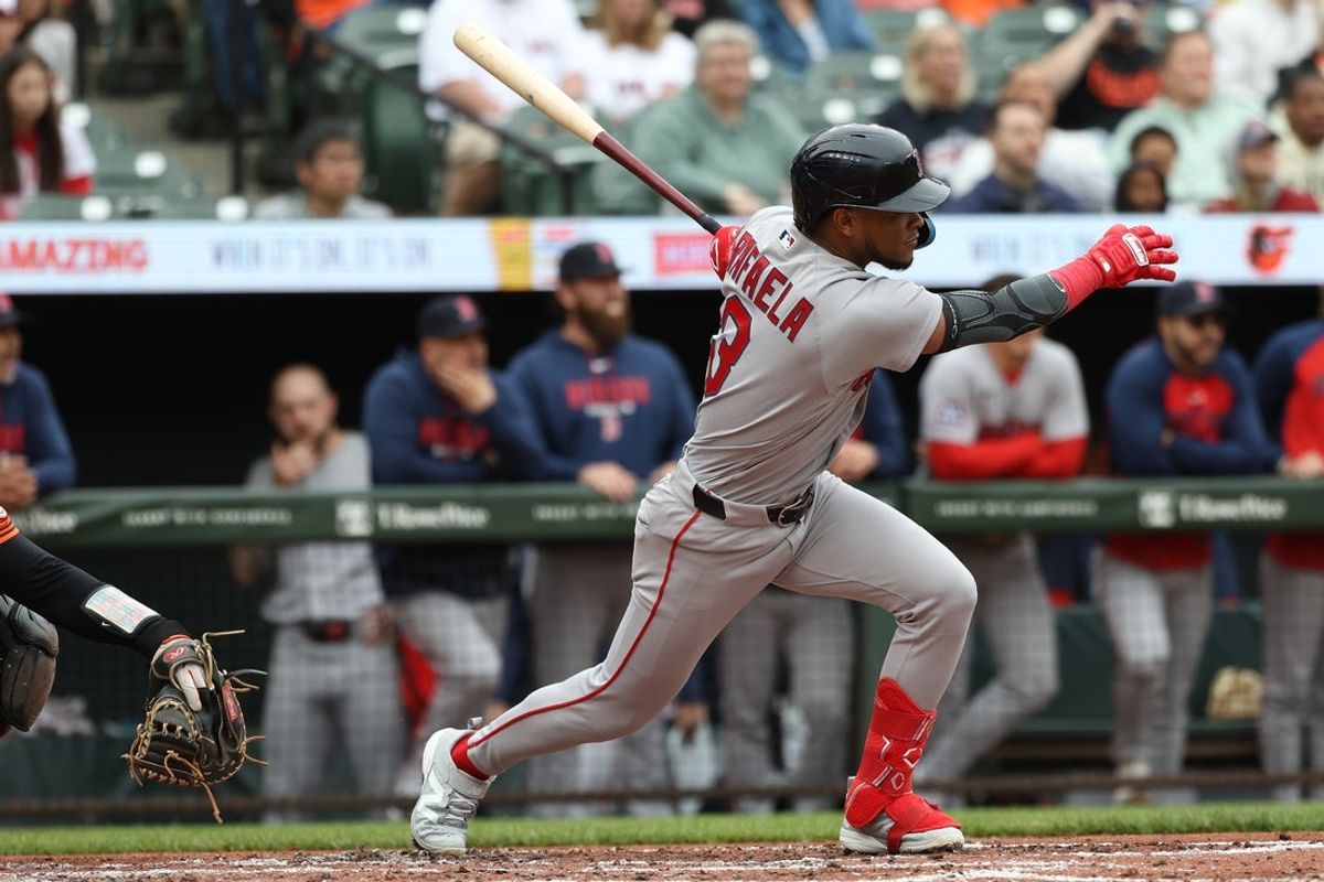 Apr 25, 2026; Baltimore, Maryland, USA; Boston Red Sox center fielder Ceddanne Rafaela (3) hits an RBI single during the second inning against the Baltimore Orioles at Oriole Park at Camden Yards. Mandatory Credit: Daniel Kucin Jr.-Imagn Images
