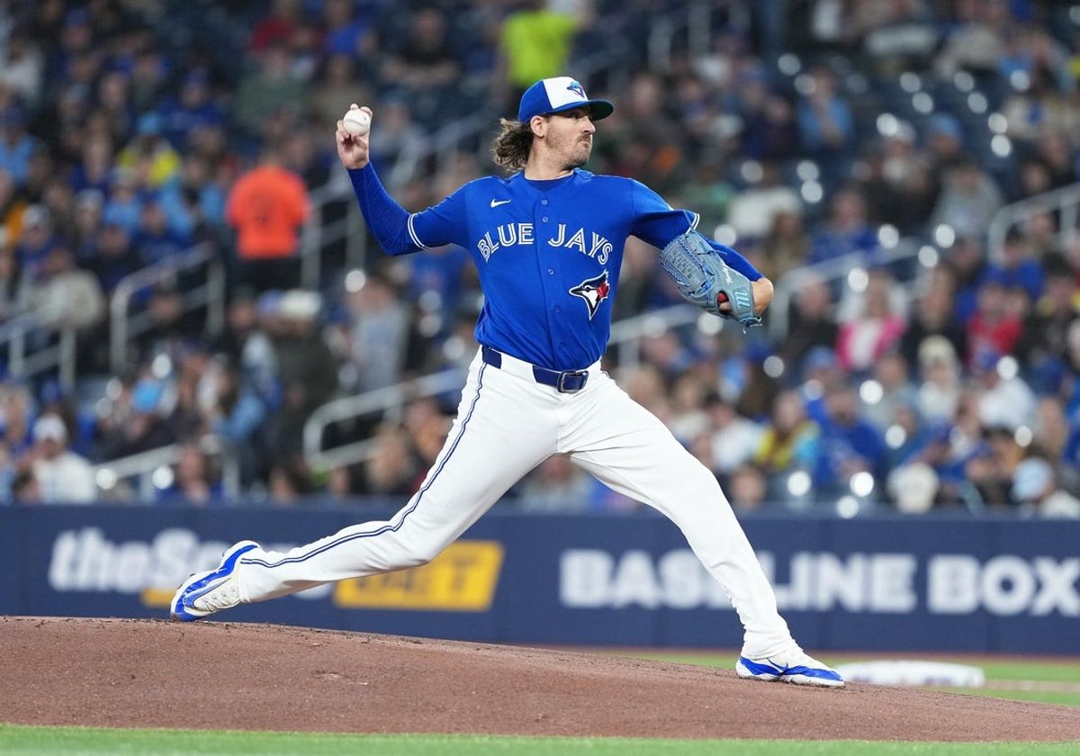 Apr 25, 2026; Toronto, Ontario, CAN; Toronto Blue Jays starting pitcher Kevin Gausman (34) throws a pitch against the Cleveland Guardians during the first inning at Rogers Centre. Mandatory Credit: Nick Turchiaro-Imagn Images