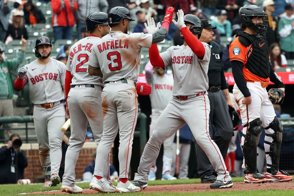 Apr 25, 2026; Baltimore, Maryland, USA; Boston Red Sox first baseman Willson Contreras (40) celebrates with his teammates after hitting a home run during the ninth inning against the Baltimore Orioles at Oriole Park at Camden Yards. Mandatory Credit: Daniel Kucin Jr.-Imagn Images