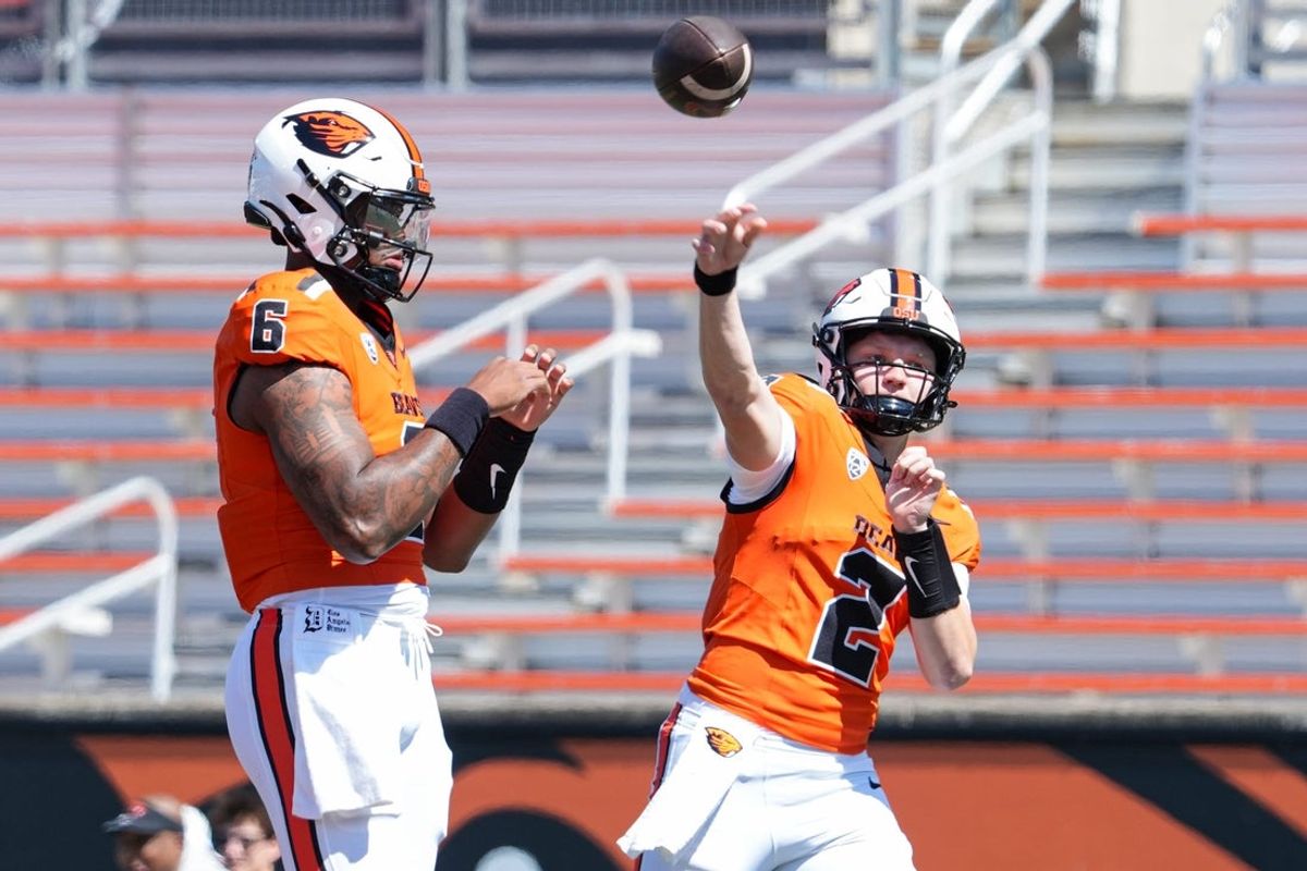 Oregon State's Braden Atkinson (2) throws the ball before the Oregon State Spring Game at Reser Stadium on Saturday, April 25, 2026, in Corvallis, Ore.