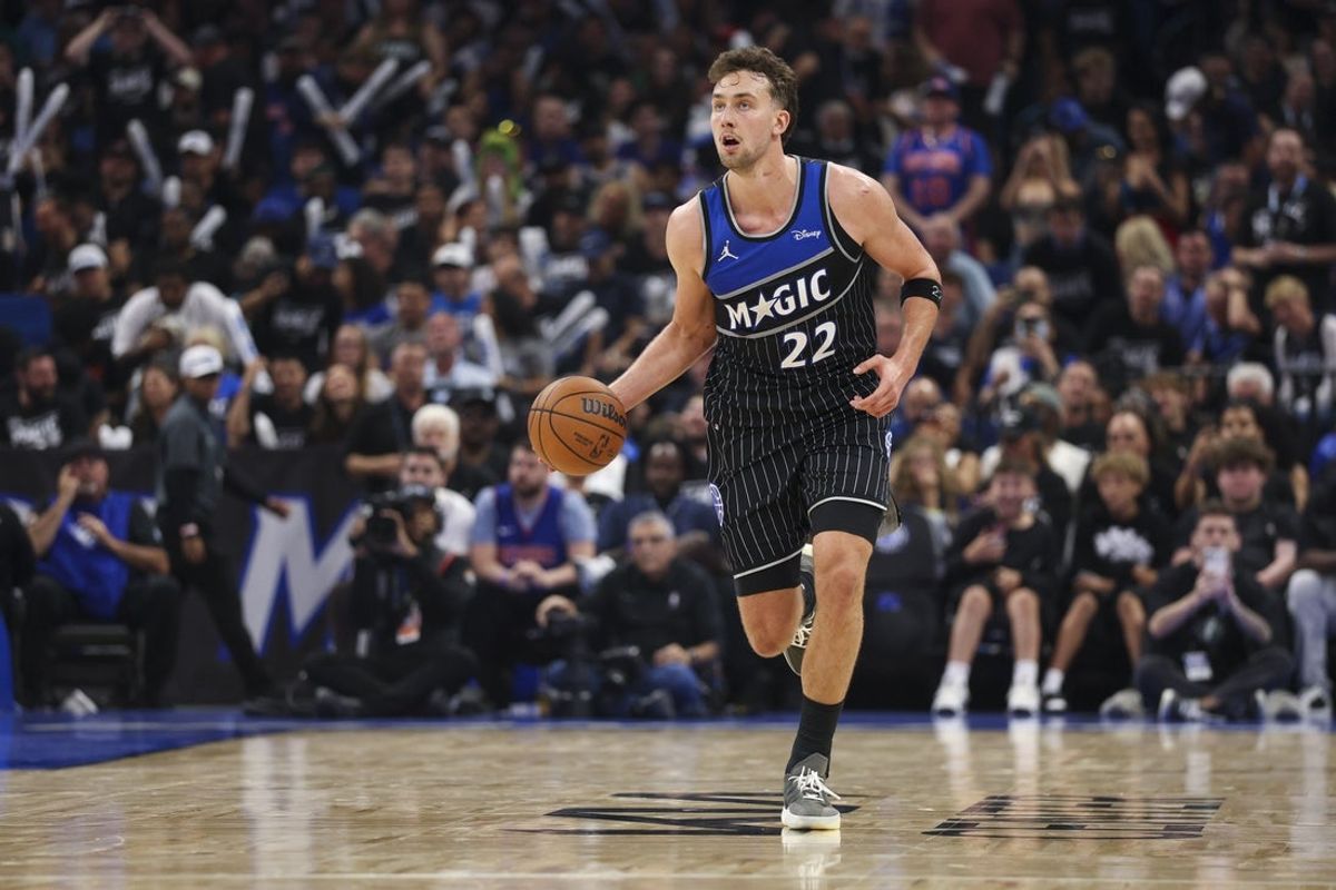 Apr 25, 2026; Orlando, Florida, USA; Orlando Magic forward Franz Wagner (22) controls the ball against the Detroit Pistons in the third quarter during game three of the first round of the 2026 NBA Playoffs at Kia Center. Mandatory Credit: Nathan Ray Seebeck-Imagn Images