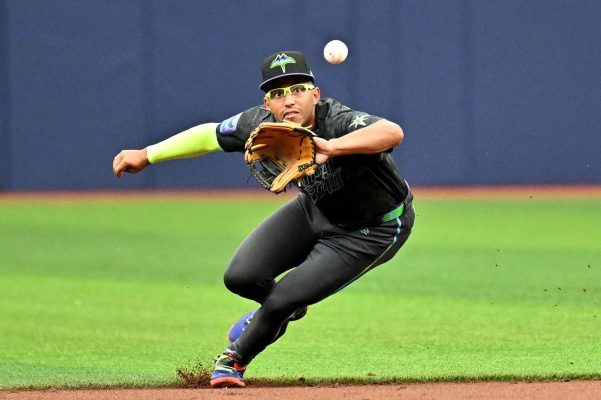 Apr 25, 2026; St. Petersburg, Florida, USA; Tampa Bay Rays second baseman Richie Palacios (1) fields a line drive in the second inning against the Minnesota Twins at Tropicana Field. Mandatory Credit: Jonathan Dyer-Imagn Images
