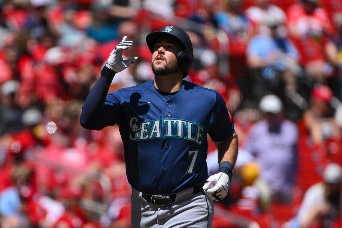 Apr 25, 2026; St. Louis, Missouri, USA; Seattle Mariners third baseman Will Wilson (7) reacts after hitting a two home run against the St. Louis Cardinals during the second inning at Busch Stadium. Mandatory Credit: Jeff Curry-Imagn Images