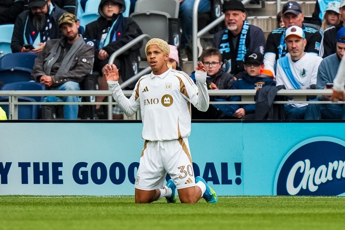 Apr 25, 2026; Saint Paul, Minnesota, USA; Los Angeles Football Club forward David Martinez (30) celebrates his goal during the first half against Minnesota United FC at Allianz Field. Mandatory Credit: Brace Hemmelgarn-Imagn Images